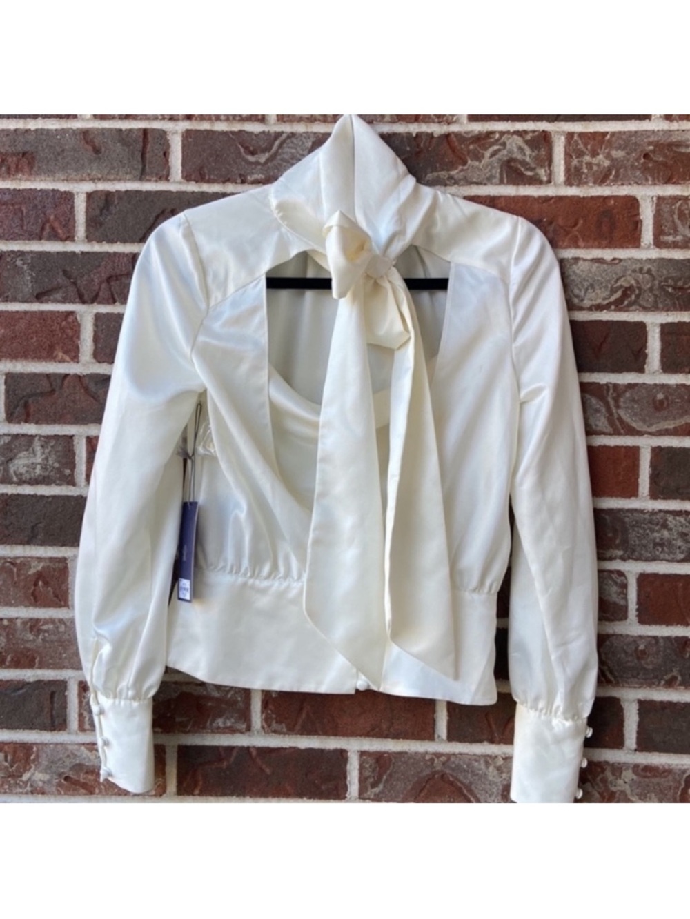 Jennifer Lopez Cream Satin Tie-Neck Blouse